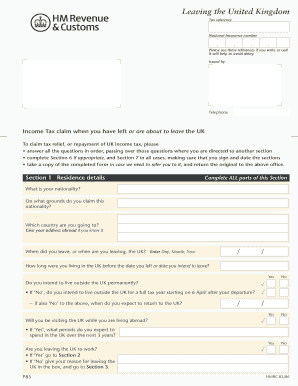 UK Income Tax Claim Form for Leaving the UK