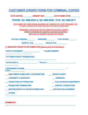 Customer Order Form for Criminal Copies