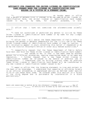 Affidavit for Changing Driver License or Identification Card Number