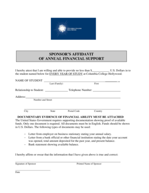 Sponsor’s Affidavit of Annual Financial Support