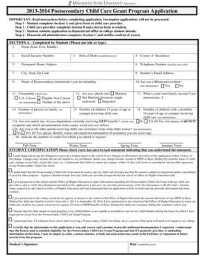 2013-2014 Postsecondary Child Care Grant Application