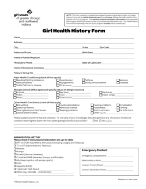 Girl Health History Form