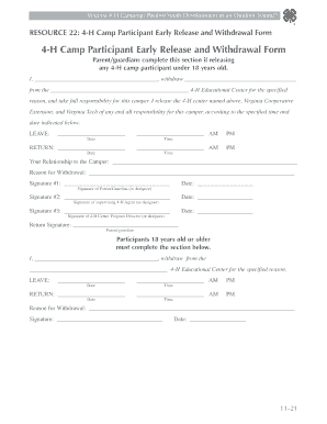4-H Camp Participant Early Release and Withdrawal Form