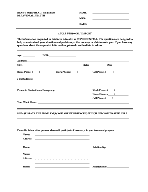 Henry Ford Health System Adult Personal History Form