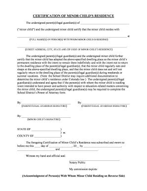 Certification of Minor Child’s Residence