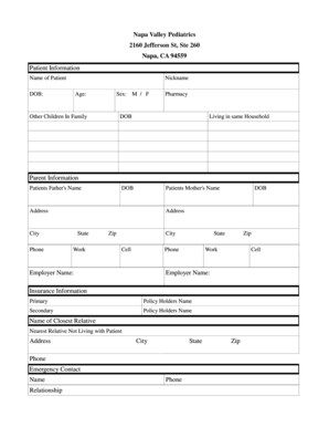 Napa Valley Pediatrics Patient Information Form