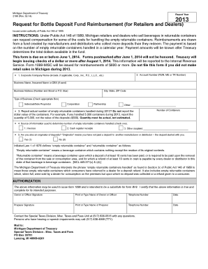Michigan Bottle Deposit Fund Reimbursement Form