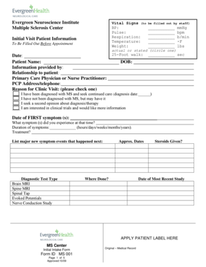 Multiple Sclerosis Center Initial Intake Form
