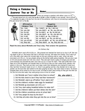 fillable online grammar worksheet using a comma to answer yes or no k12readercom read the story about michelle and tonys day then answer the questions fax email print pdffiller