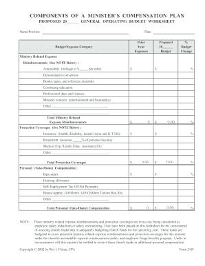 Minister’s Compensation Plan Budget Worksheet