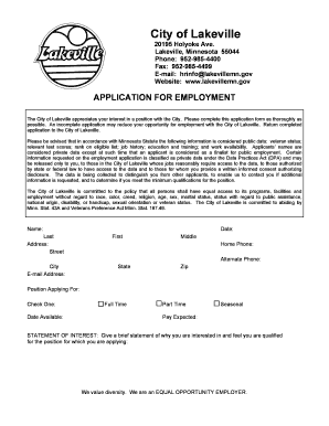 City of Lakeville Employment Application