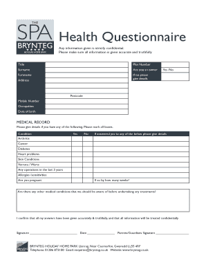 SPA Health Questionnaire - Brynteg Holiday Home Park - brynteg co