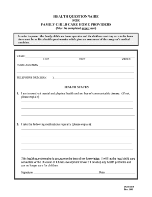 Health Questionnaire for Family Child Care Home Providers