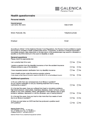 Galenica Pension Fund Health Questionnaire