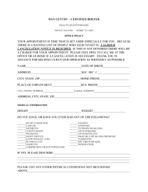 Health Questionnaire for Rolfing