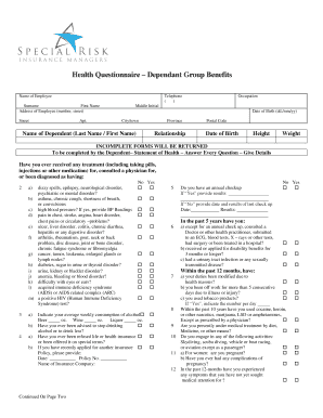 Health Questionnaire – Dependant Group Benefits