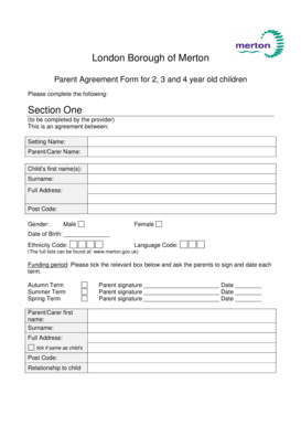 Parent Agreement Form for 2, 3 and 4 Year Old Children