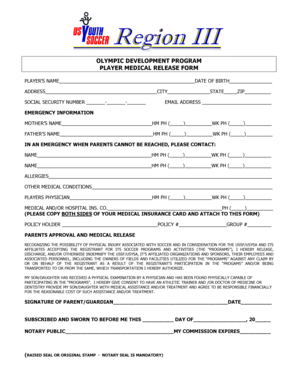 Olympic Development Program Player Medical Release Form