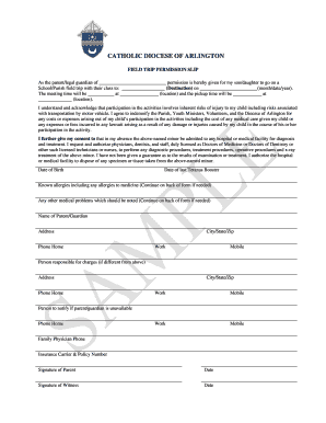 Catholic Diocese of Arlington Field Trip Permission Slip