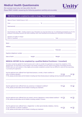 fillable online medical health questionnaire unity insurance