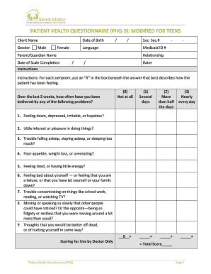 Patient Health Questionnaire (PHQ-9) for Teens