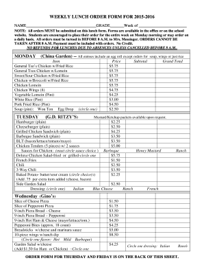 WEEKLY LUNCH ORDER FORM FOR 2015-2016