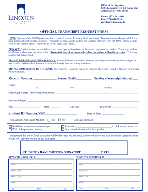 lincoln university transcript request