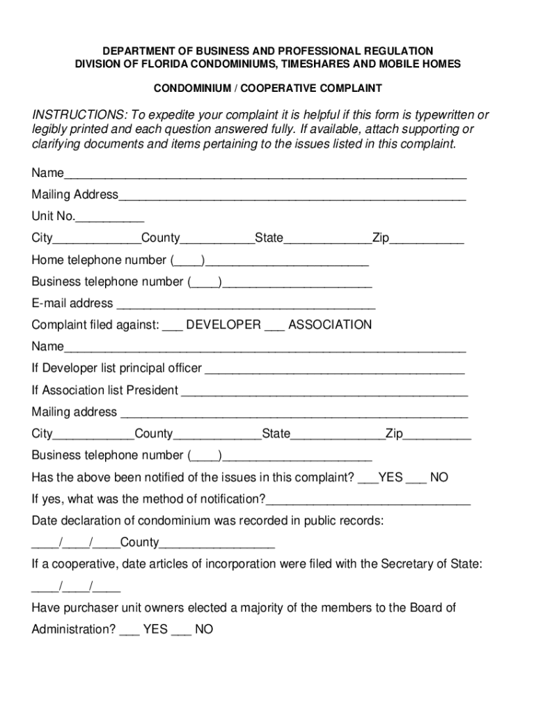 condominium cooperative complaint form Preview on Page 1