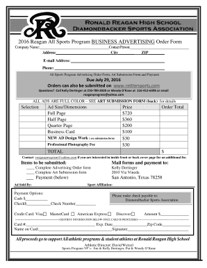 2016 Reagan All Sports Program BUSINESS ADVERTISING Order Form