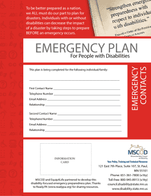Emergency Plan for People with Disabilities. Form for recording Emergency Preparedness information