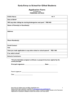 Early School Entry for Gifted Students Application Form