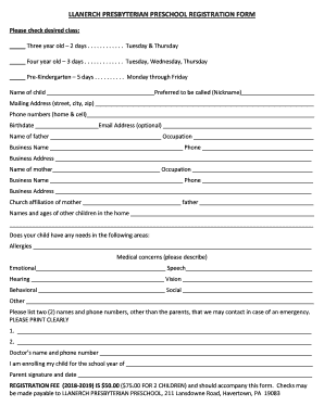 LLANERCH PRESBYTERIAN PRESCHOOL REGISTRATION FORM