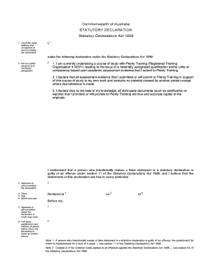 Statutory Declaration form - Plenty Training
