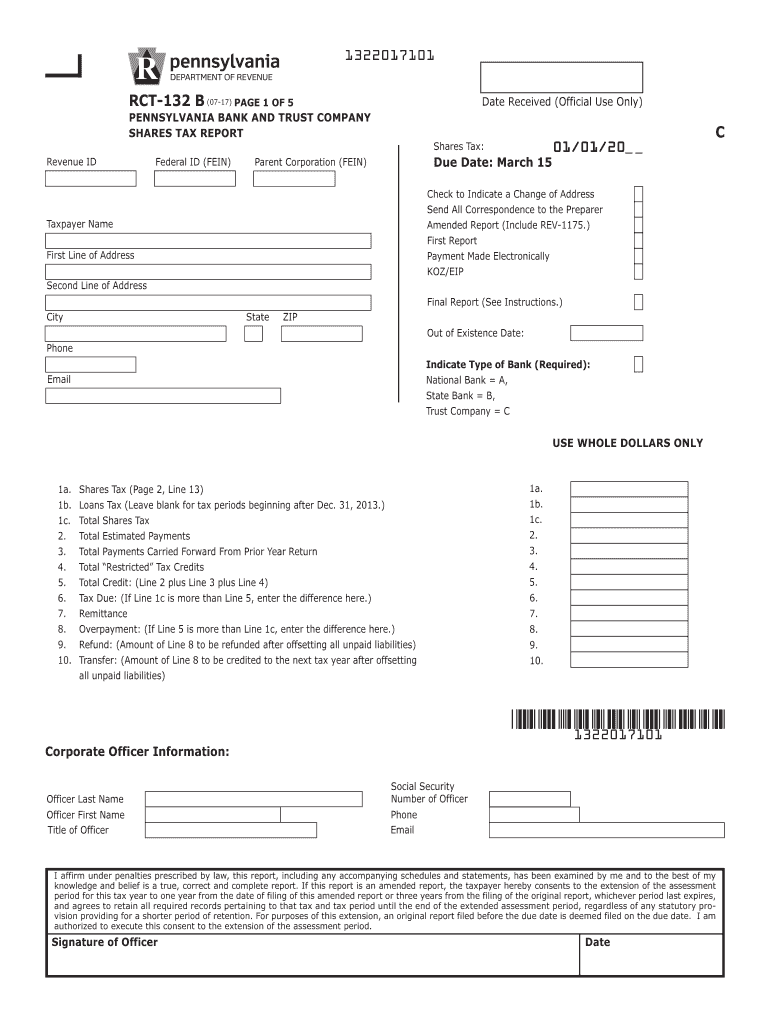 Pennsylvania Bank and Trust Company Shares Tax Report (RCT-132B) -- Print Only Version. Forms/Publications Preview on Page 1.