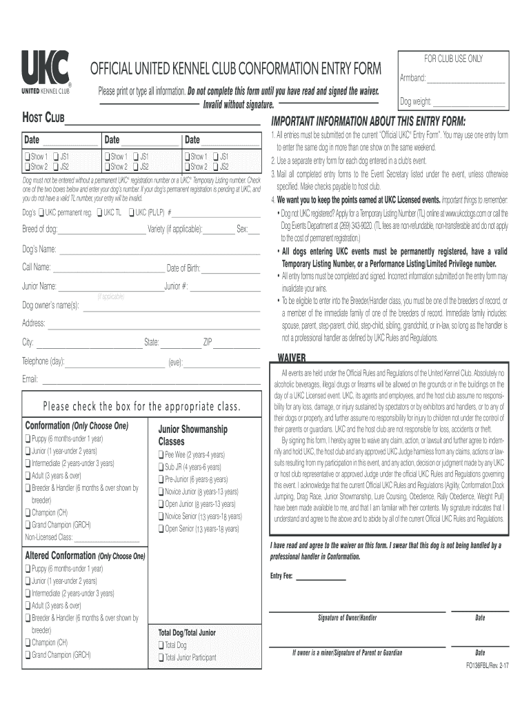 Fillable Online OFFICIAL UNITED KENNEL CLUB CONFORMATION ENTRY FORM Fax