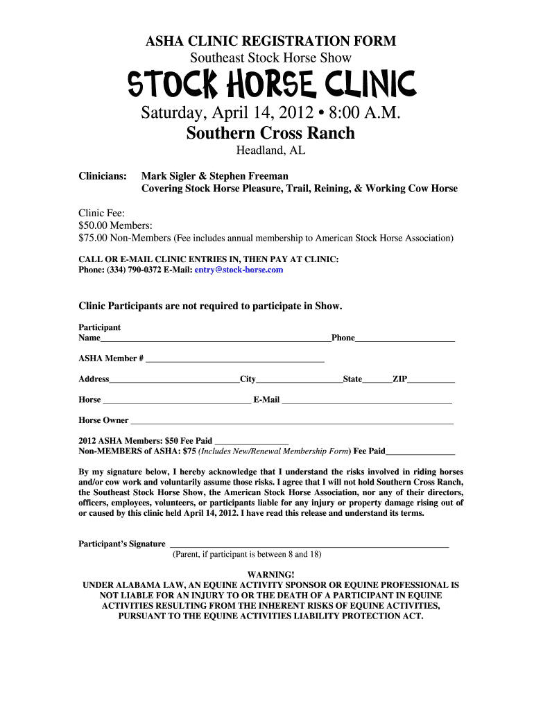 Fillable Online stock horse clinic Southeast Stock Horse Fax Email