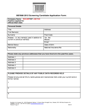 BS7858 2012 Screening Candidate Application Form - Securitay