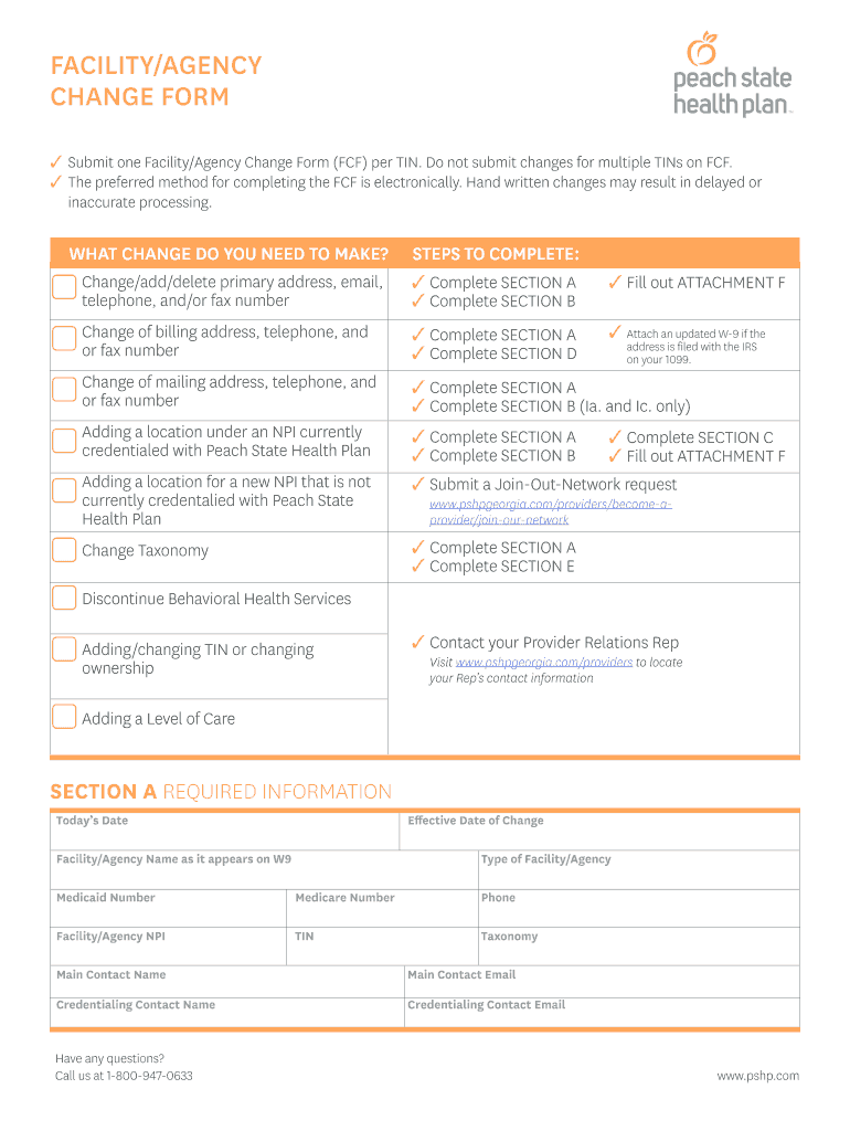 PSHP-GA-Facility Agency Change Form Facility Agency Change Form Preview on Page 1