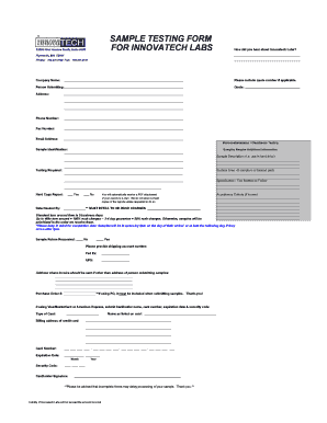 Materials Analysis Lab Sample Submission FormInnovatech Labs. Complete and submit this 1-page sample testing form for materials analysis testing and additional services to be provided by Innovatech Labs.