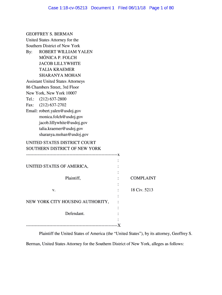 Fillable Online Complaintfor New York City Housing Authority Settlement
