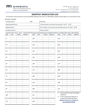 Fillable Online Monthly Medication Logs (PDF) Fax Email Print - pdfFiller