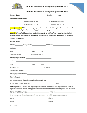 Fillable Online Tamarack Basketball &amp; Volleyball Registration Form Fax ...
