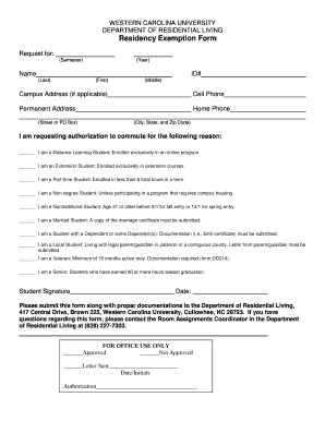 Fillable Online Residency Exemption Form - Western Carolina University ...