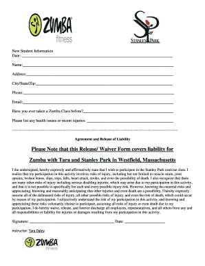 Fillable Online Waiver Form covers liability for Zumba with Tara and ...
