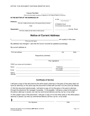 Notice of Current Address. Divorce-No children