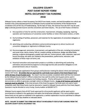 Gillespie County collects a Hotel Occupancy Tax (HOT) from hotels, motels, and bed & breakfast inns which are