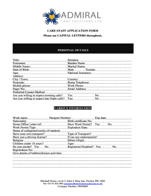 care staff application form - Admiral Care Solutions
