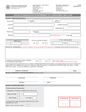 VL156 - Notice of Resignation and Retirement. HR form