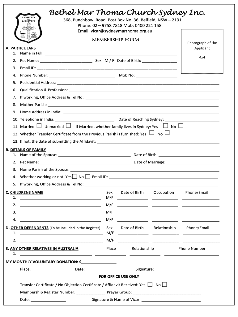 Membership Form - Bethel Mar Thoma Church, Sydney Preview on Page 1