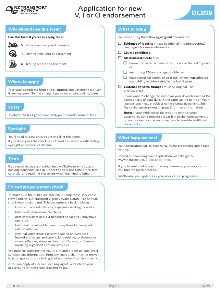 New Zealand DL20B Endorsement Application Form Preview on Page 1